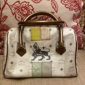MCM White and Brown Satchel with Heritage Design